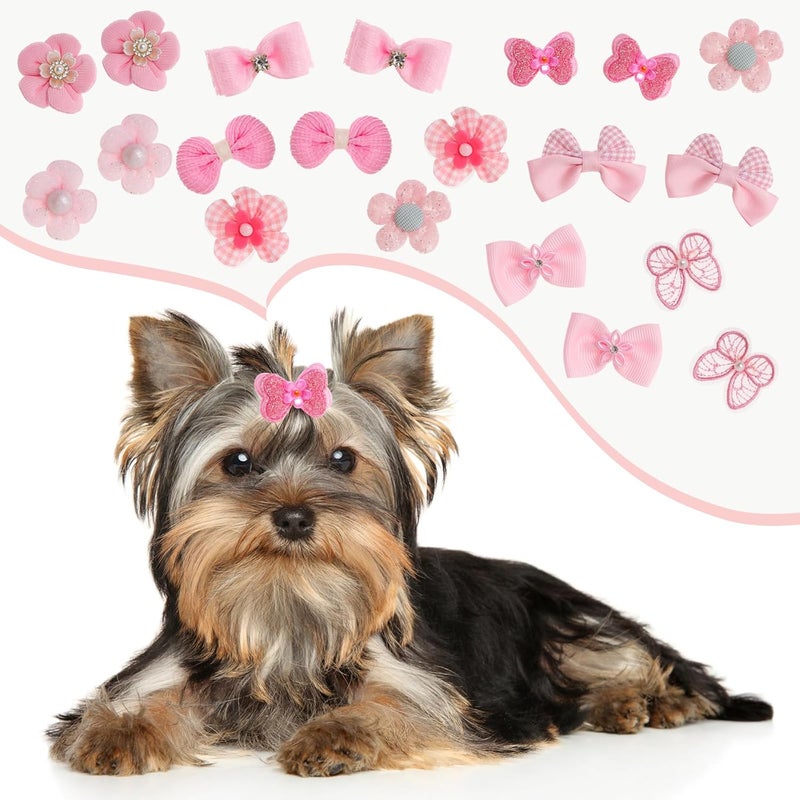 Gvhntk 20Pcs Light Pink Small Dog Hair Bows Cute Puppy Dog Bowknot Hair Bow Bulk with Rubber Bands Elastic Lace Rhinestone Pearls Hair Ties Mix Style Handmade Flower Bow Dog Cat (Light Pink, Cute pattern) - Image 4